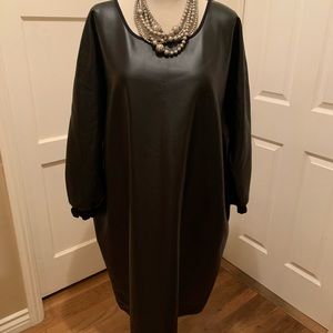 Ashley Stewart NWT black faux leather midi dress w/ruffled sleeves size 34/36